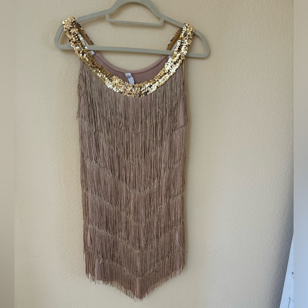 1920's Gold Flapper Dress Size Medium with Long Black Gloves and Head Piece